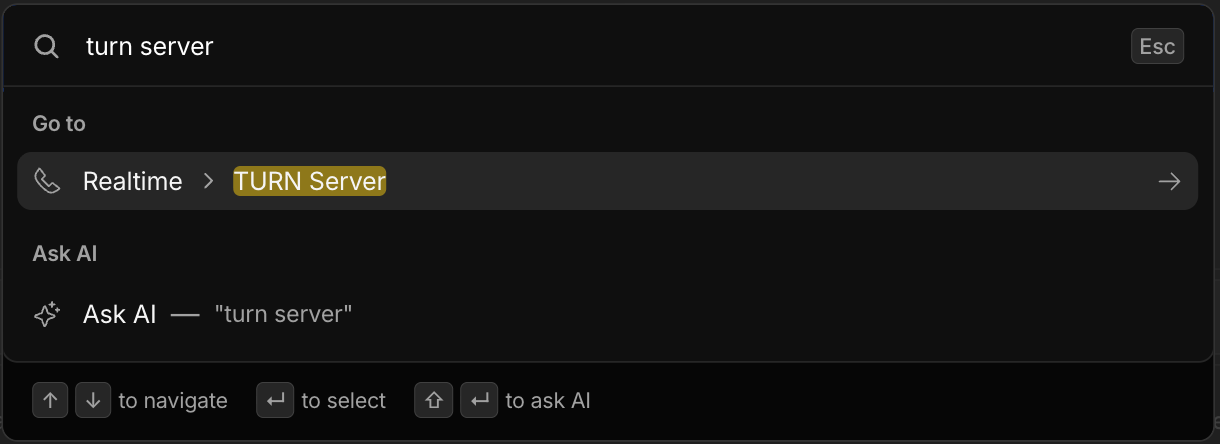 Cloudflare's search bar with "turn server" typed in. The first
                        result under Go to reads Realtime, then TURN Server.